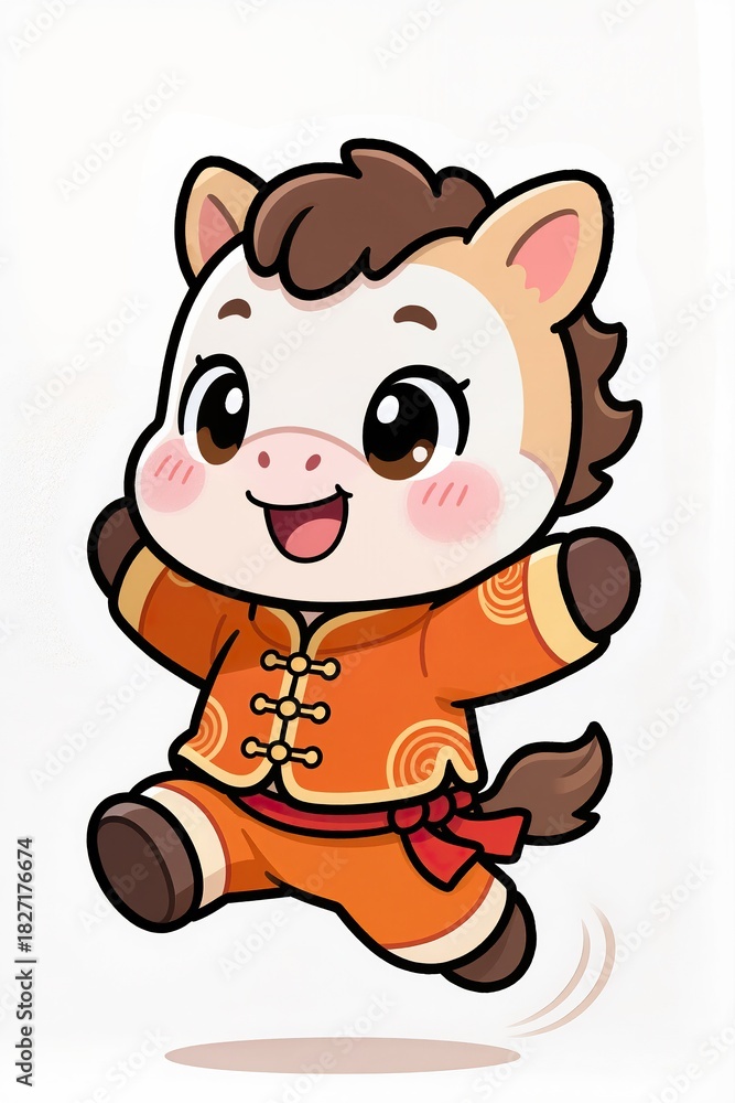 Fototapeta premium Cute chibi horse mascot with round fluffy head, big twinkling eyes, warm blush cheeks, soft strong outlines, wearing traditional orange New Year outfit, lively energetic pose, white background.