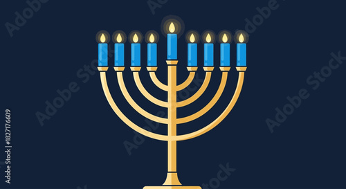 Illustration of a golden menorah with blue candles, celebrating Hanukkah against a dark background