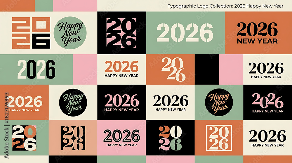 Fototapeta premium Big Set of 2026 Happy New Year logo text design. 2026 number design template. Collection of 2026 Happy New Year symbols. Vector illustration with labels isolated on colorful background.
