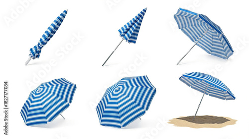 Set of blue and white striped beach umbrellas in various positions, isolated on white