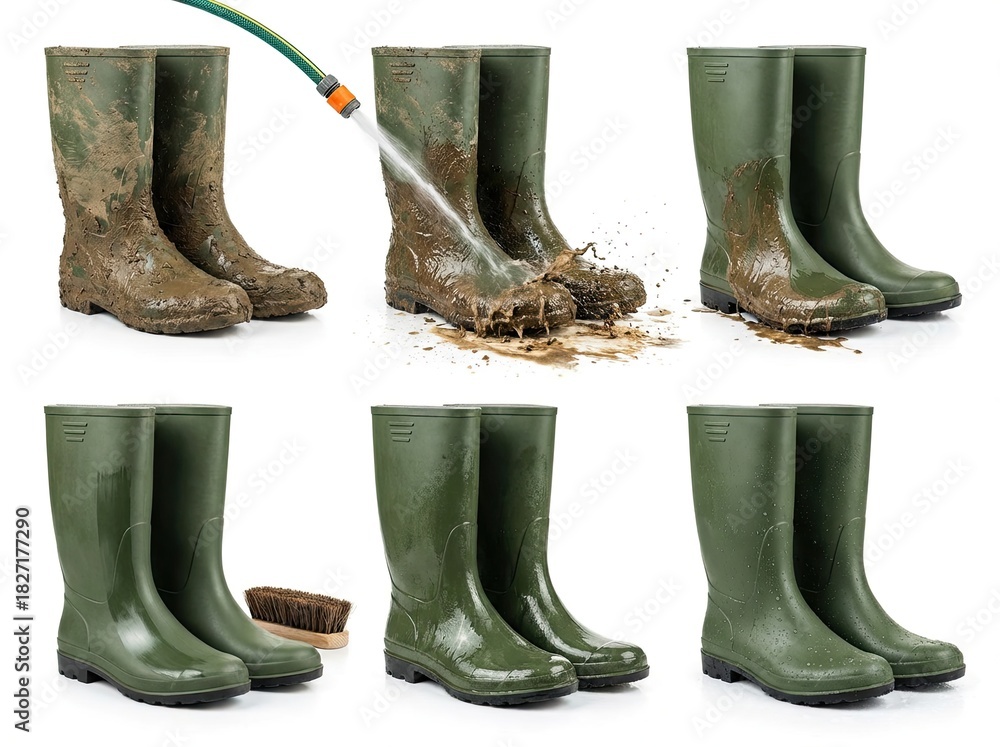Fototapeta premium Process of cleaning muddy green rubber boots with a hose and brush on a white background.