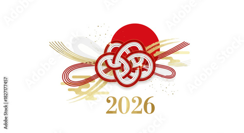 Auspicious Japanese New Year 2026 illustration with traditional Mizuhiki knots and golden accents, symbolizing prosperity and good fortune for the upcoming year
