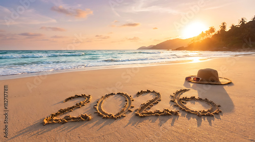 Fototapeta Naklejka Na Ścianę i Meble -  Golden beach with 2026 drawn in sand at sunset, ideal for promoting future vacations, resolutions, or tropical holiday plans