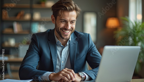 Handsome businessman smiles confidently at laptop in modern office. Young male pro happy working, enjoying positive online communication, video call. Entrepreneur achieving business success,