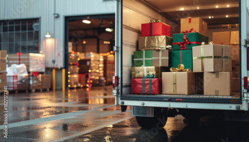 Holiday Gifts in Delivery Truck at Warehouse for Christmas Shipping