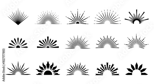 Diverse sunburst and sunrise graphic elements for modern design projects and branding, offering vibrant energy and a fresh start.