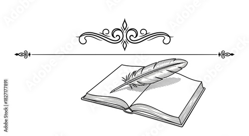 Elegant quill pen rests upon an open book, inviting stories and knowledge to unfold with timeless design elements