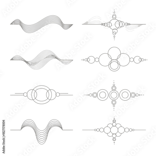 Modern abstract decorative line art elements featuring elegant wave patterns and sophisticated circular arrangements for design projects