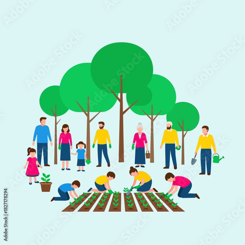 A diverse community of families and seniors working together, planting seedlings and trees in a shared garden project