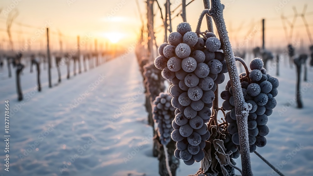 Naklejka premium Frozen dark grape clusters covered in frost hanging on vine row in snowy vineyard at sunrise