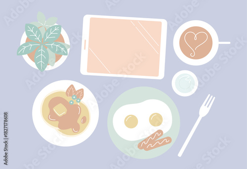 くすみカラーのタブレットと朝食セット／パンケーキと目玉焼きのモーニングフラットレイ