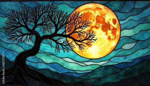 Stained glass art shows tree against full moon. Twisted silhouette reflects nature with vibrant colors. Artwork evokes peace, with fluid branches over serene landscape. Decorative glasswork brings