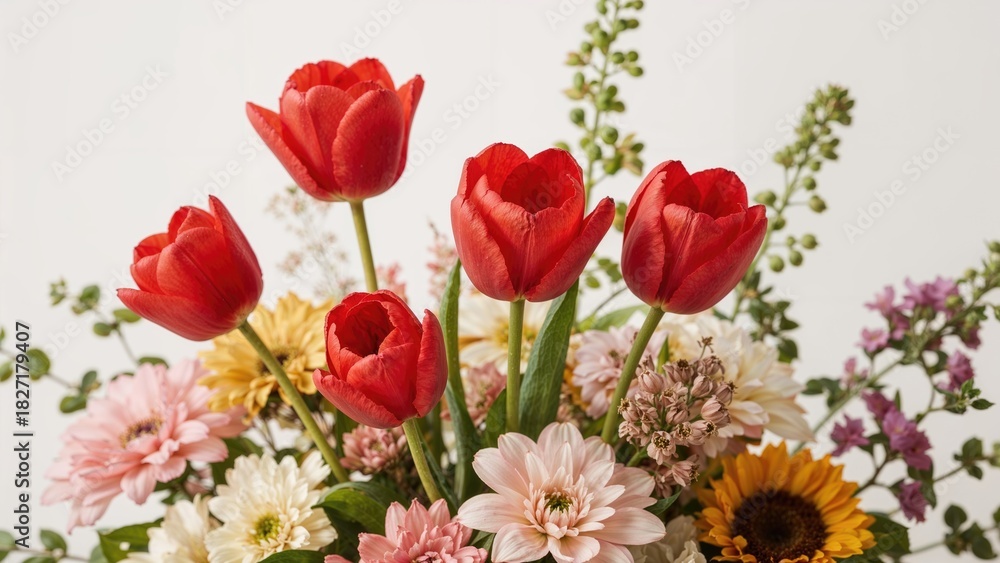 Fototapeta premium Red tulips among various colorful flowers in a floral bouquet.
