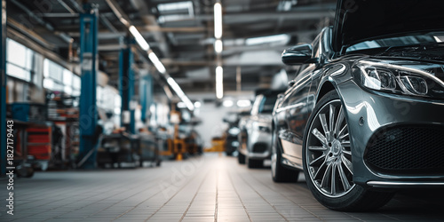 Modern car in an auto repair shop

