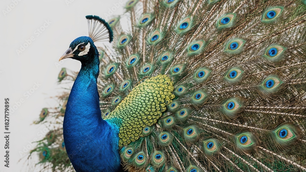 Obraz premium Peacock with vibrant blue and green feathers displaying its tail feathers. Nature and wildlife, exotic bird, beauty and elegance. The majestic peacock and its colorful display.