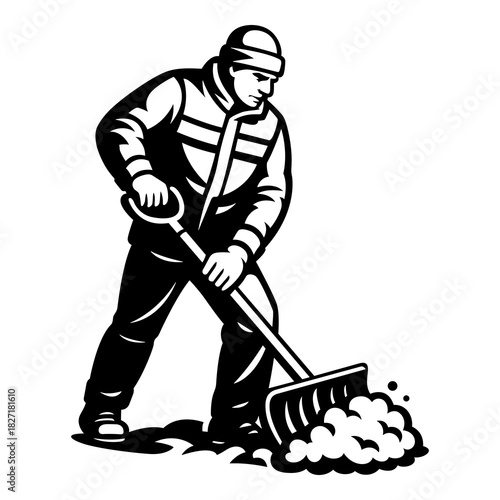Snow shoveling worker illustration in winter gear clearing snow with shovel — bold vector style for seasonal services, winter safety and landscaping themes