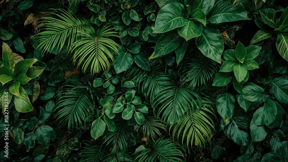 Fototapeta premium Lush green tropical leaves and plants creating a dense, vibrant jungle foliage backdrop. Nature, greenery, and tropical plant concept. The essence of lush plant life and botanical richness.
