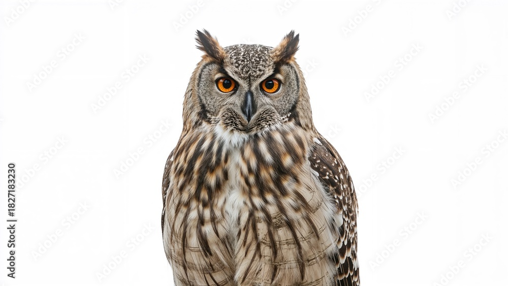 Fototapeta premium A majestic owl with piercing orange eyes and intricate feather patterns against a plain white background.