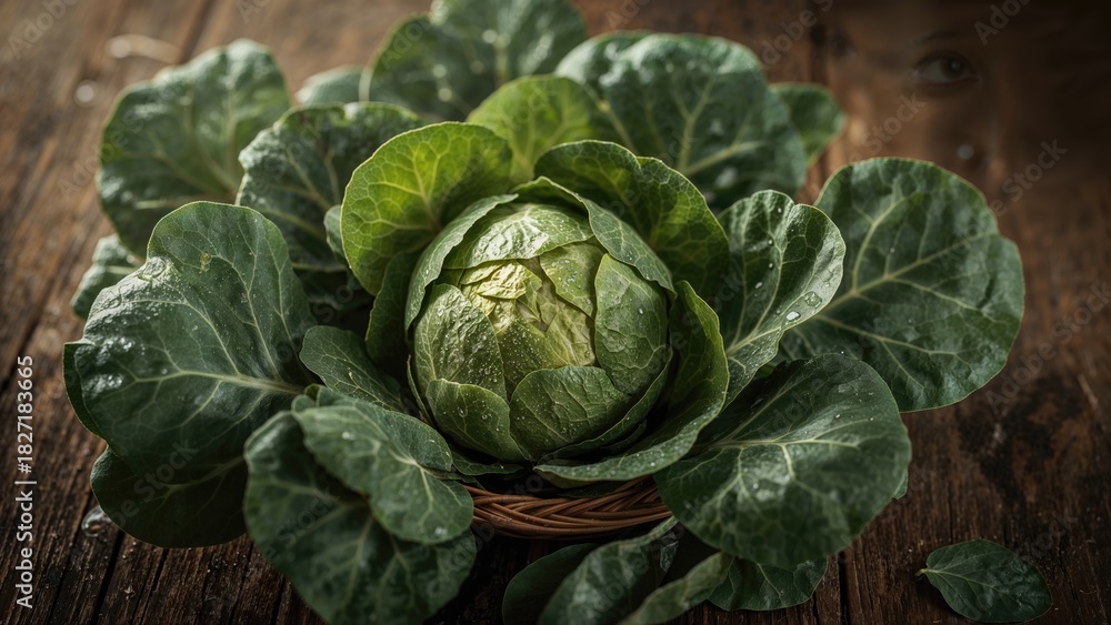 Fototapeta premium Fresh Brussels sprouts surrounded by green leaves on a wooden surface.