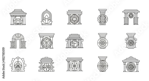 Discover versatile architectural icons featuring ancient gates, ornate arches, and symbolic mandalas, perfect for modern design projects seeking timeless elegance and cultural depth.