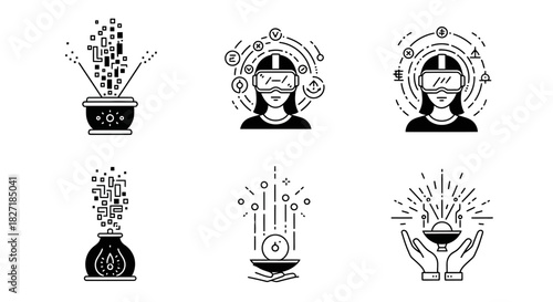 Capturing digital innovation and immersive experiences, these modern icons represent technology, virtual reality, and data transformation.