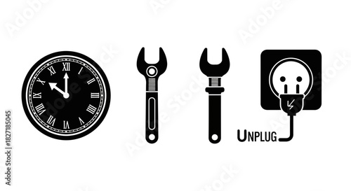 Time saving tools and power unplugged symbol represent efficiency and disconnection from constant energy