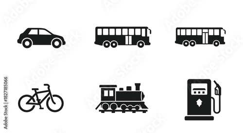 Modern transportation icons including car, bus, train, bicycle, and fuel pump for business and travel concepts