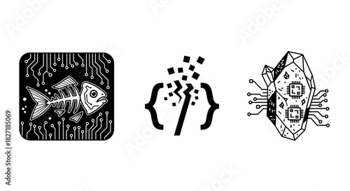 Digital transformation concepts showing fishbone tech, broken code, and crystal chip synergy for innovation and future trends.