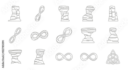 Unique rock formations and infinity symbols create a modern, abstract design collection for branding and visual projects