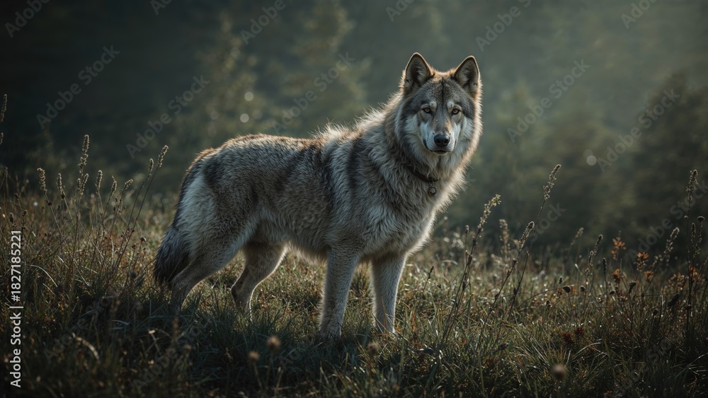 Fototapeta premium Wolf in a natural outdoor setting during twilight or dawn. Wildlife and nature scene. The animal in its habitat.