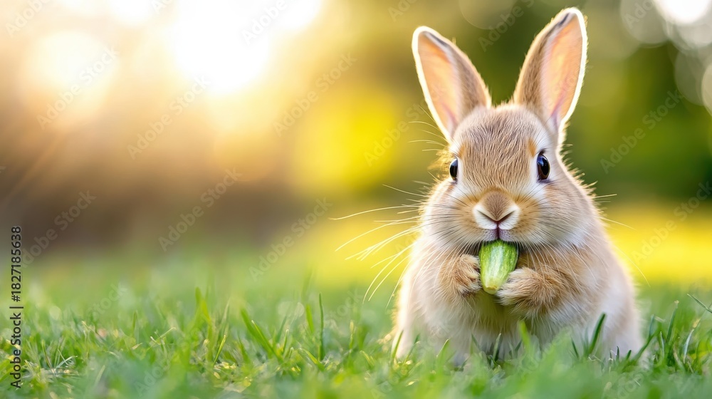 Fototapeta premium Cute baby rabbit enjoys fresh vegetable in springtime grass