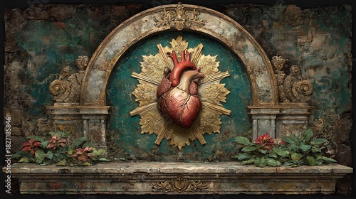 Ornate anatomical heart displayed like a sacred relic within a weathered gilded arch, blending baroque craftsmanship, symbolism, and dramatic artistic detail.