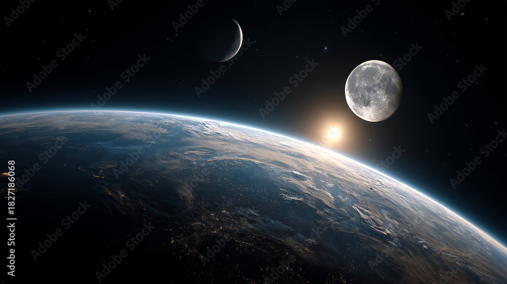 Fototapeta premium Celestial event moon and planets alignment over earth digital art space environment aerial view astronomical concept