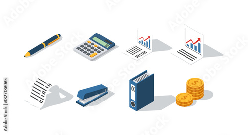 Isometric office supplies with financial charts and coins