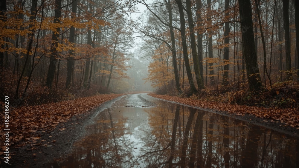 Obraz premium A forest road during autumn with fallen leaves and puddles reflecting the trees. Nature and seasonal change, landscape, outdoor scenery. The scene of a woodland pathway with wet ground.