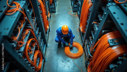 Technician installs orange fiber optic cables in a data center. Worker with hard hat routes wires between server racks. Network infrastructure upgrade in progress with tech pro handling connections.
