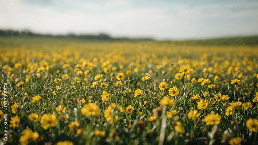 Fototapeta premium A vast field of yellow flowers in bloom under a partly cloudy sky.