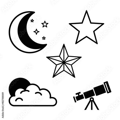 Explore the cosmos with a telescope, gazing at a crescent moon, twinkling stars, and fluffy clouds under a vast night sky