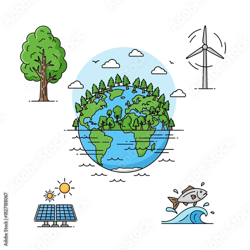 Vibrant Earth with renewable energy sources and lush nature showcasing a healthy ecosystem and sustainable future for all life.