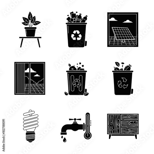 Eco-friendly living icons showcasing sustainability plant recycling solar energy energy saving water conservation and organic waste management concepts for modern homes