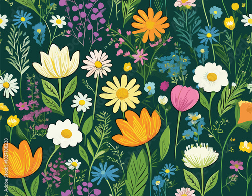 Vibrant floral pattern featuring a diverse array of colorful flowers and lush greenery on a dark green background.