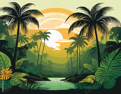 Tropical landscape with a serene river flowing through a lush jungle with tall palm trees and vibrant greenery under a vibrant sunset with warm orange hues.