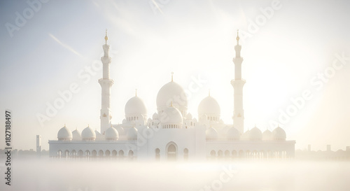 A majestic white mosque with domes and minarets rises above a thick layer of morning fog, bathed in bright, ethereal sunlight.