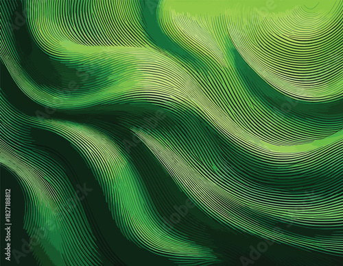 Abstract green wave pattern with dark background and textured brushstrokes in a digital artistic style.