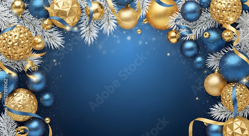 Festive Christmas decoration arrangement with gold and blue ornaments, ribbons, and pine branches on a blue background.