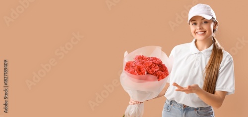 Female courier with bouquet...