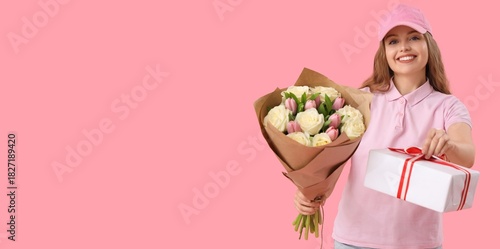 Female courier with bouquet...
