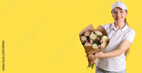 Female courier with bouquet...