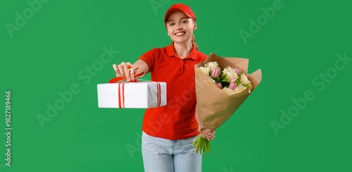 Female courier with bouquet...