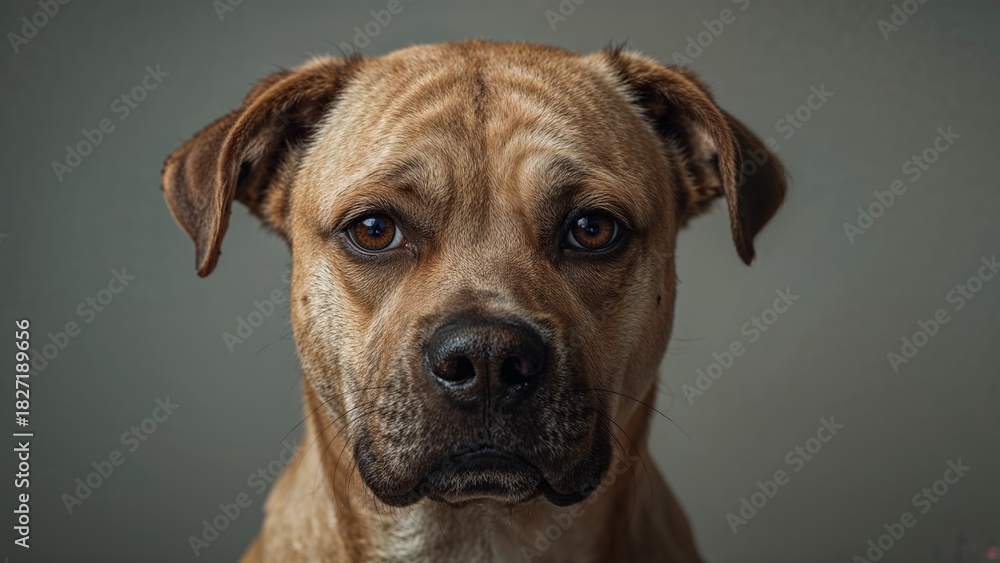 Obraz premium A close-up portrait of a dog with a serious expression against a plain background.
